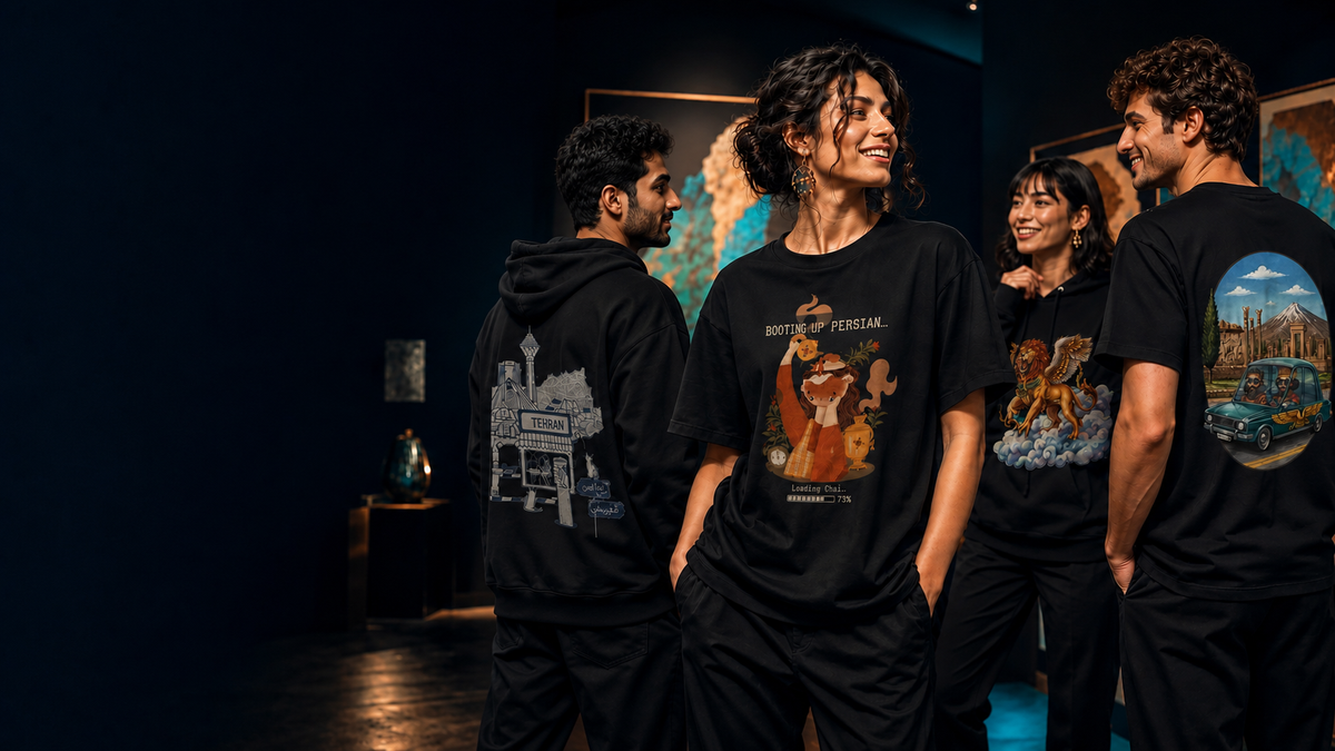 Models wearing Chakchak Co. graphic apparel in a gallery