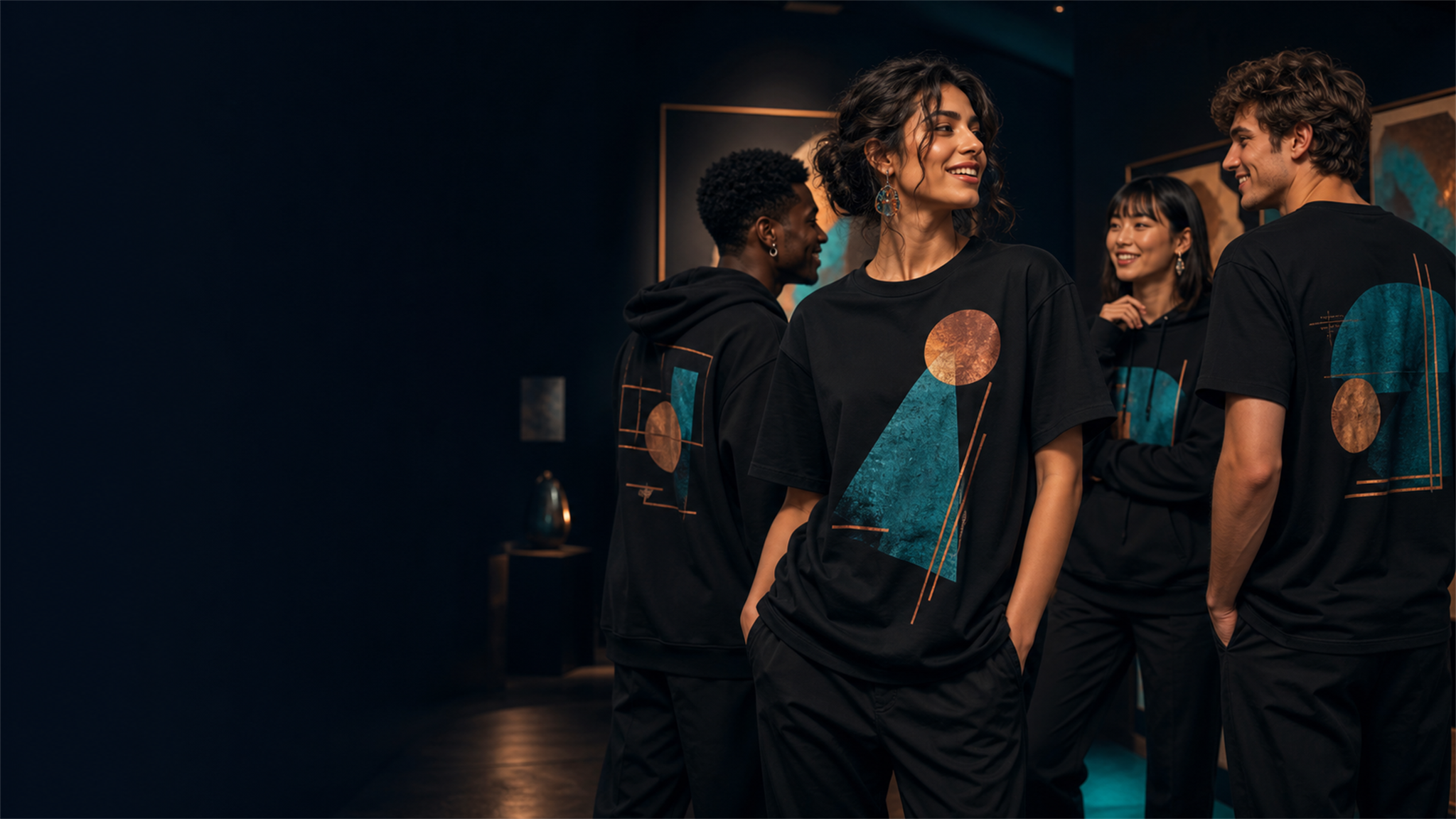 Models wearing Chakchak Co. graphic apparel in a gallery